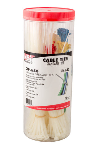 NSI Industries CTP-650 Cable Tie Canister Assorted Color - 650 Piece ; NSI INDUSTRIES CTP-650 4, 8, 11 L, 3/16 W, Natural, Red, Yellow, Green,