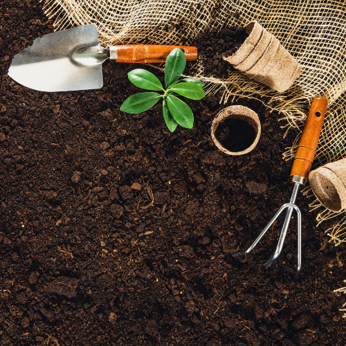 Lawn and garden tools on top of soil.