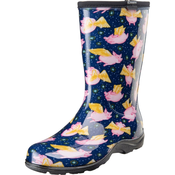 Sloggers Women's Rain & Garden Boot When Pigs Fly Midnight Blue Design (Pigs Blue Size 9)